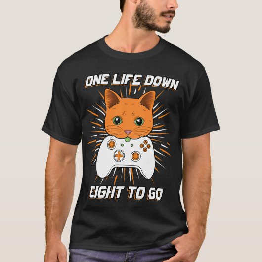 One Life Down Oranje Cartoon Cat Controller Gamer T-shirt (Voorkant)