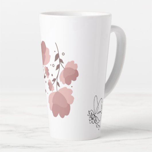 One line art vlinder met esthetische roze bloem latte mok (Rechterhoek)