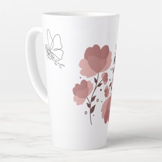 One line art vlinder met esthetische roze bloem latte mok (Linkerhoek)