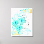 One line face art met blauwe bloemen vlekken en go canvas afdruk (Voorkant)