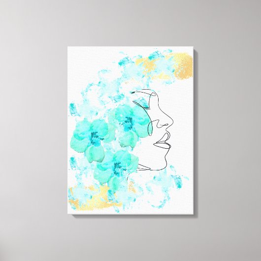 One line face art met blauwe bloemen vlekken en go canvas afdruk (Voorkant)
