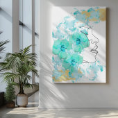 One line face art met blauwe bloemen vlekken en go canvas afdruk