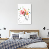 One line face art met roze botanische bloemenoog canvas afdruk (Insitu (Slaapkamer))
