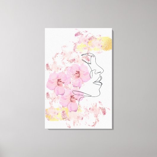 One Line gezichtskunst met roze Bloemen vlekken go Canvas Afdruk (Voorkant)