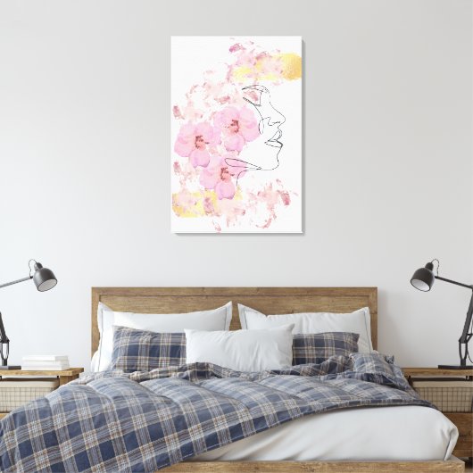One Line gezichtskunst met roze Bloemen vlekken go Canvas Afdruk (Insitu (Slaapkamer))