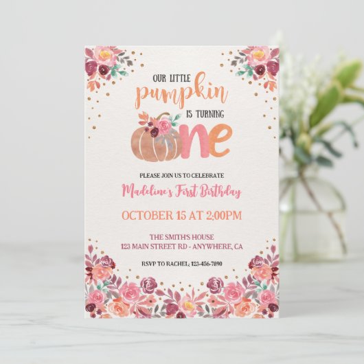 One Little Pumpkin Boho Floral 1e verjaardag Uitno Kaart (Staand voorkant)