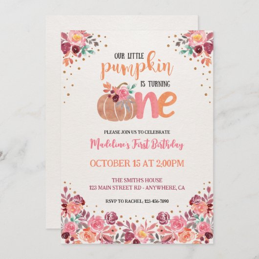 One Little Pumpkin Boho Floral 1e verjaardag Uitno Kaart (Voorkant / Achterkant)