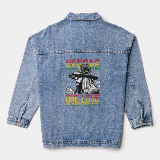 One Love Reggae Music Heartbeat Rastafari Rasta Denim Jacket (Achterkant)