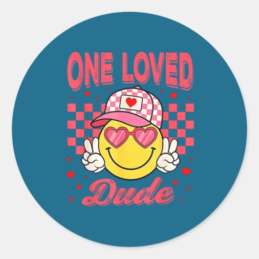 One Loved Dude Checkered Heart Valentines Day Boys Ronde Sticker (Voorkant)