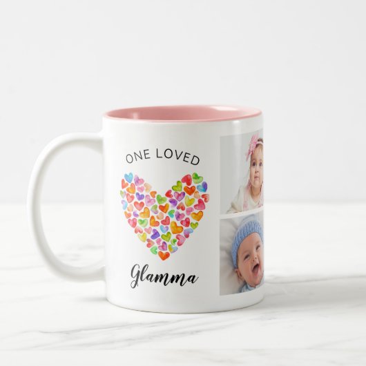 One Loved Glamma Four Photo Collage Tweekleurige Koffiemok (Links)