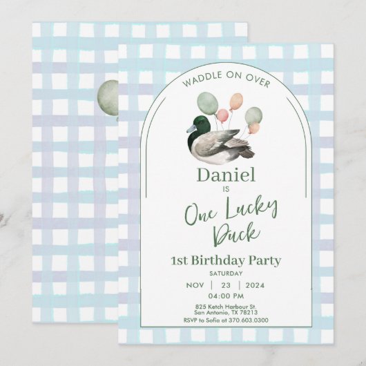One Lucky Duck 1st Birthday Invitation Kaart (Voorkant / Achterkant)