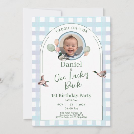 One Lucky Duck 1st Birthday Photo Invitation Kaart (Voorkant)