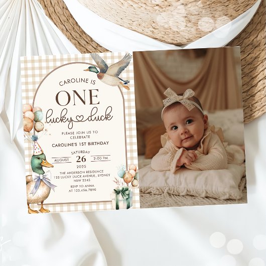  One Lucky Duck Balloon 1st Birthday Foto Kaart