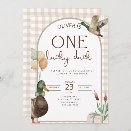 One Lucky Duck Birthday Invitation Boys First Kaart (Voorkant / Achterkant)
