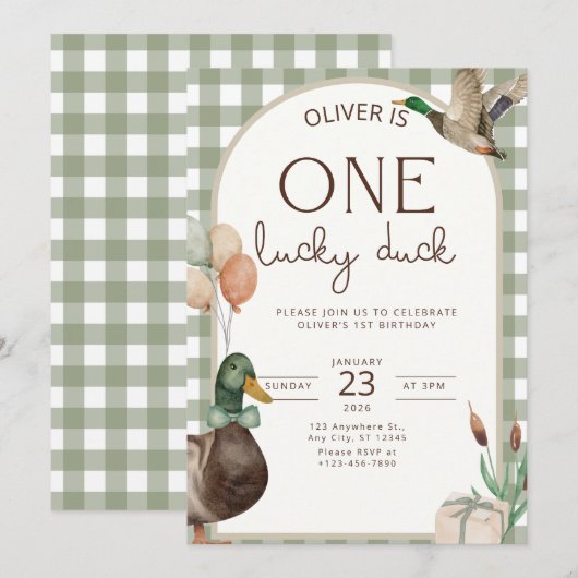 One Lucky Duck Birthday Invitation Boys First Kaart (Voorkant / Achterkant)