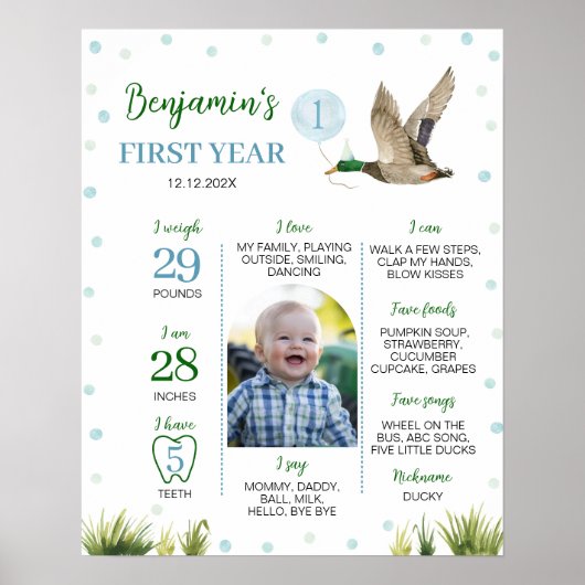 One Lucky Duck Boy 1st Birthday Milestone Foto Poster (Voorkant)