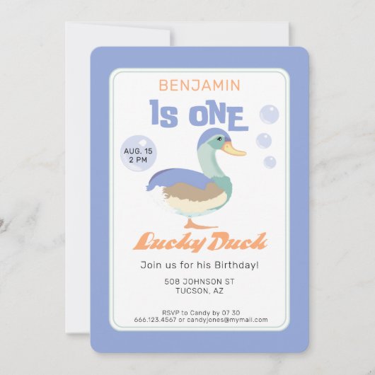 One Lucky Duck & Bubbles Eerste Verjaardag Pastel Kaart (Voorkant)