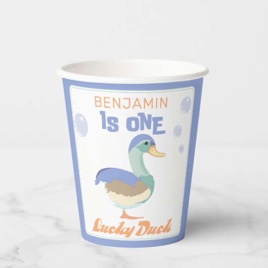 One Lucky Duck & Bubbles Eerste Verjaardag Pastel Papieren Bekers (Voorkant)