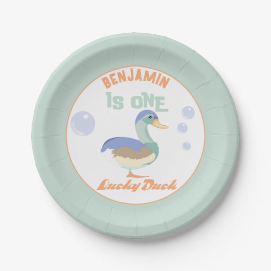 One Lucky Duck & Bubbles Eerste Verjaardag Pastel Papieren Bordje (Voorkant)