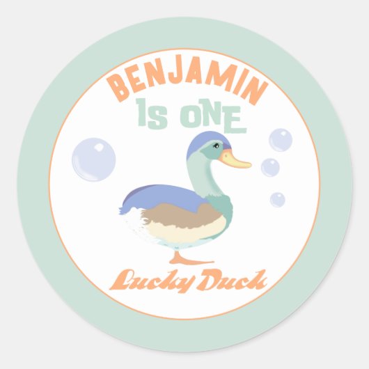 One Lucky Duck & Bubbles Eerste Verjaardag Pastel Ronde Sticker (Voorkant)