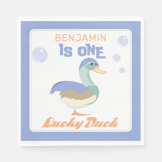 One Lucky Duck & Bubbles Eerste Verjaardag Pastel Servet (Voorkant)