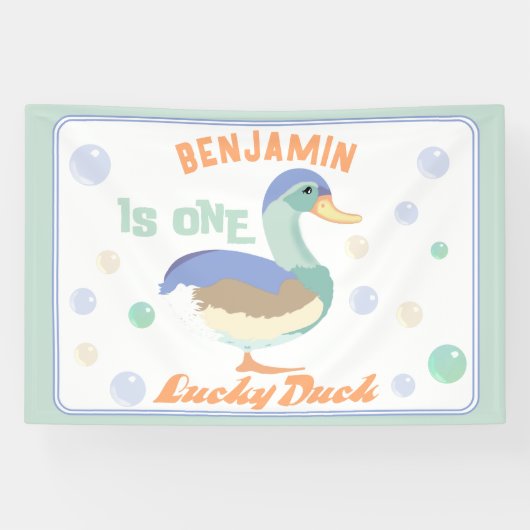 One Lucky Duck & Bubbles Eerste Verjaardag Pastel Spandoek (Horizontaal)