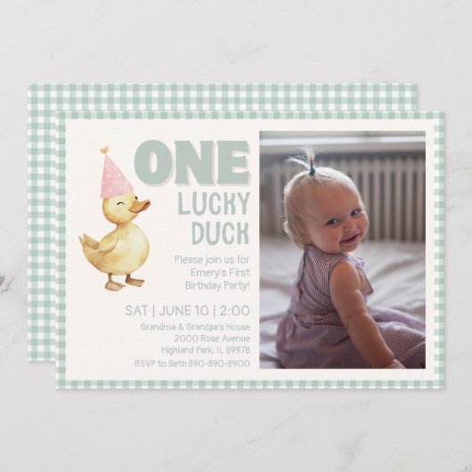 ONE Lucky Duck Eerste Verjaardag Uitnodiging (Voorkant / Achterkant)