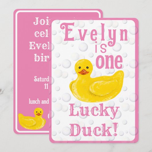 One Lucky Duck First Birthday Invitation Kaart (Voorkant / Achterkant)