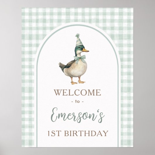 One Lucky Duck Green Gingham 1e verjaardag Welkom Poster (Voorkant)