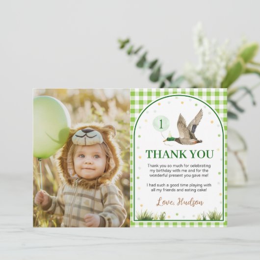 One Lucky Duck Green Gingham Verjaardagsfoto Bedankkaart (Staand voorkant)