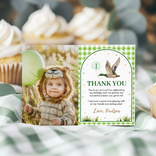 One Lucky Duck Green Gingham Verjaardagsfoto Bedankkaart
