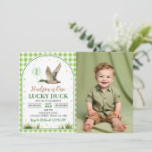 One Lucky Duck Green Gingham Verjaardagsfoto Kaart (Staand voorkant)