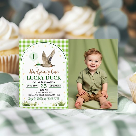 One Lucky Duck Green Gingham Verjaardagsfoto Kaart