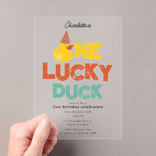 One Lucky Duck Invite 1st  First Birthday Cute Acryl Uitnodigingen (Insitu (Draagbaar))