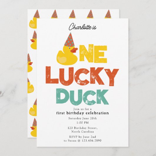 One Lucky Duck Invite 1st First Birthday Cute Kaart (Voorkant / Achterkant)