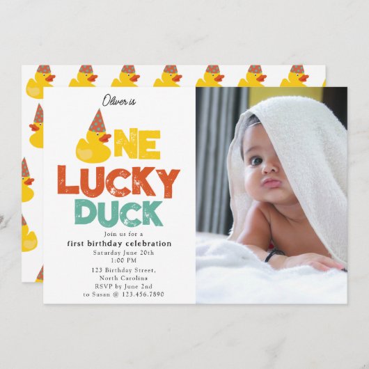 One Lucky Duck Invite 1st First Birthday Photo Kaart (Voorkant / Achterkant)
