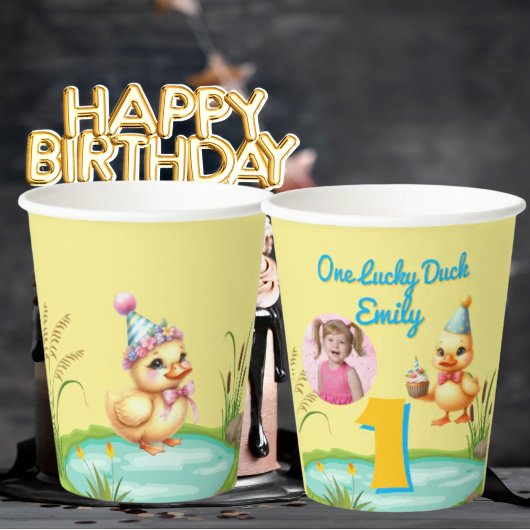 One Lucky Duck Kids Birthday Photo Papieren Bekers
