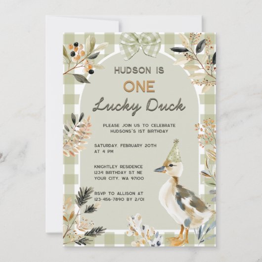 One Lucky Duck Schattige Duckling Gingham 1e verja Kaart (Voorkant)