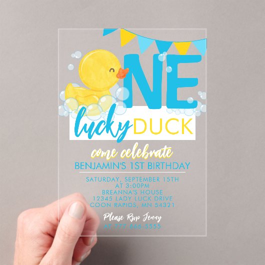 One Lucky Duck Waterverf 1e verjaardag Acryl Uitnodigingen (Insitu (Draagbaar))