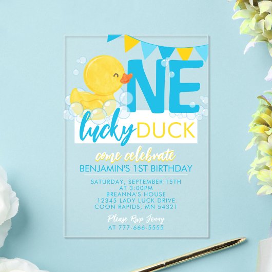One Lucky Duck Waterverf 1e verjaardag Acryl Uitnodigingen