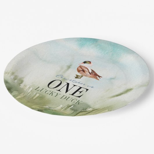 One Lucky Duck Waterverf Boy 1e Verjaardag Papieren Bordje (Gekanteld)