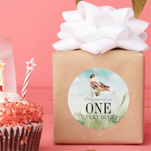 One Lucky Duck Waterverf Boy 1e Verjaardag Ronde Sticker (Feest)