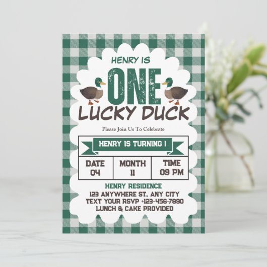 One Lucky Duck Waterverf Boy 1e verjaardagsfeestje Kaart (Staand voorkant)