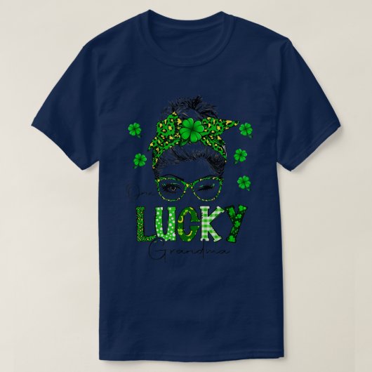 One Lucky Grandma Messy Bun Leopard St Patrick's D T-shirt (Design voorkant)