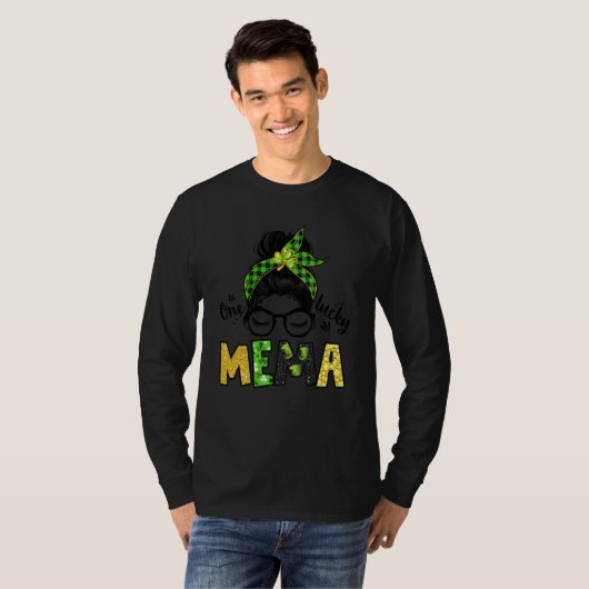One Lucky Mema Messy Bun Leopard St Patrick's Day T-shirt (Voorkant volledig)