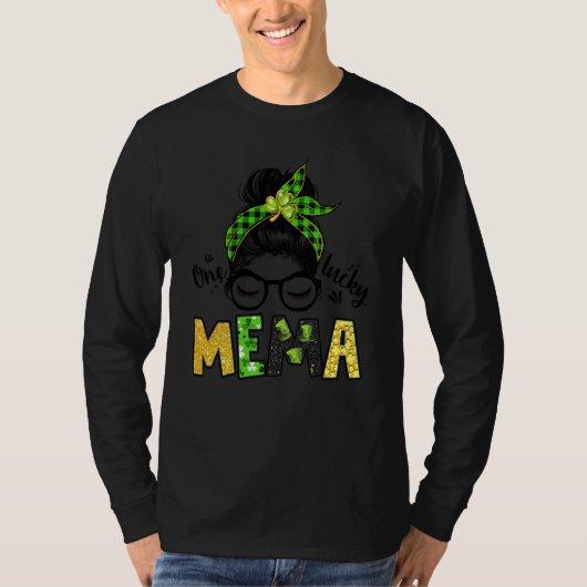 One Lucky Mema Messy Bun Leopard St Patrick's Day T-shirt (Voorkant)