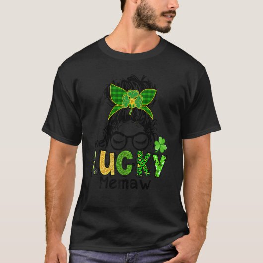 One Lucky Memaw Messy Bun Leopard St Patrick's Day T-shirt (Voorkant)