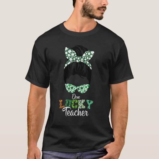 One Lucky Teacher St. Patrick's Day Messy Bun Leop T-shirt (Voorkant)