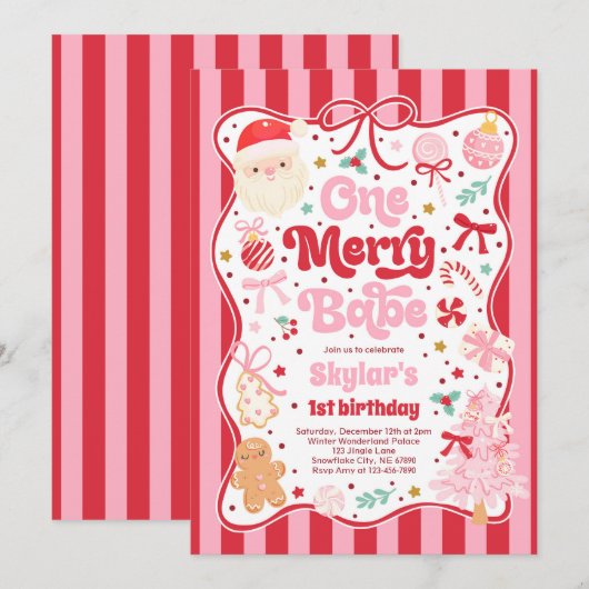 One Merry Babe Christmas Coquette Bow 1st Birthday Kaart (Voorkant / Achterkant)