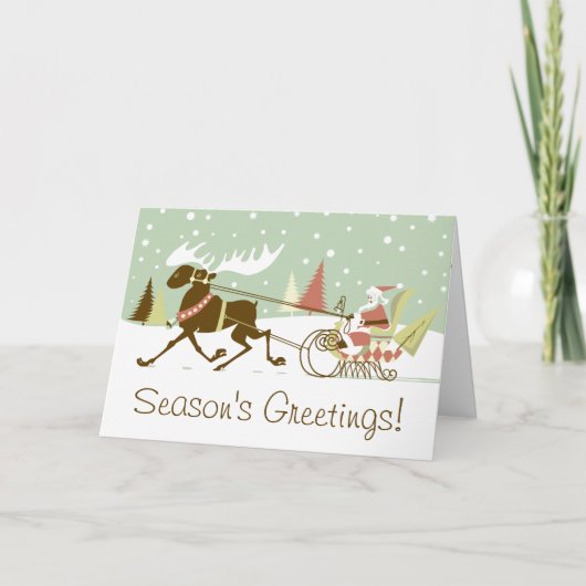 One Moose Open Sleigh Retro Kerstman Feestdagen Kaart (Voorkant)